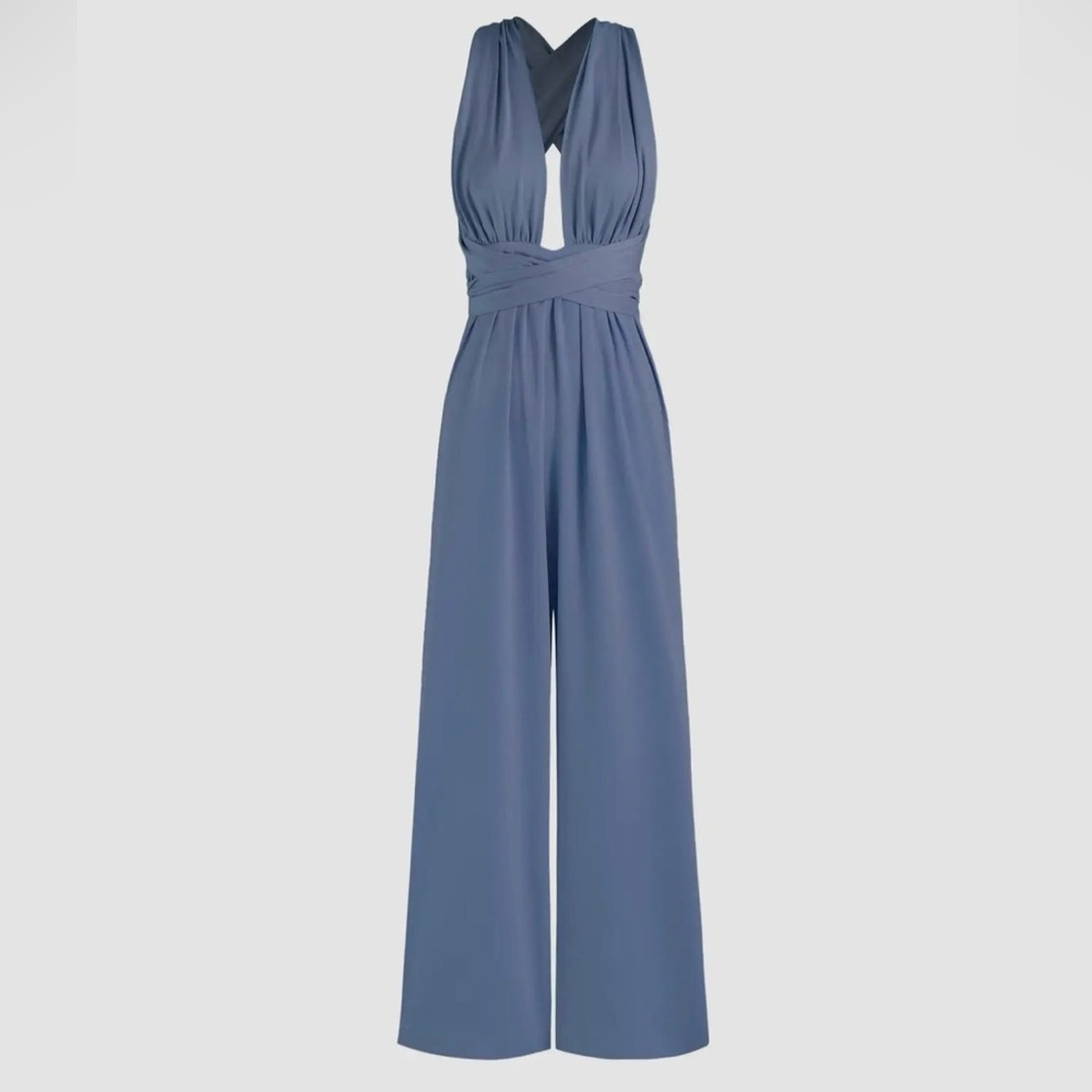 Cider Dusty Blue Wrap-Top Wide-Leg Jumpsuit